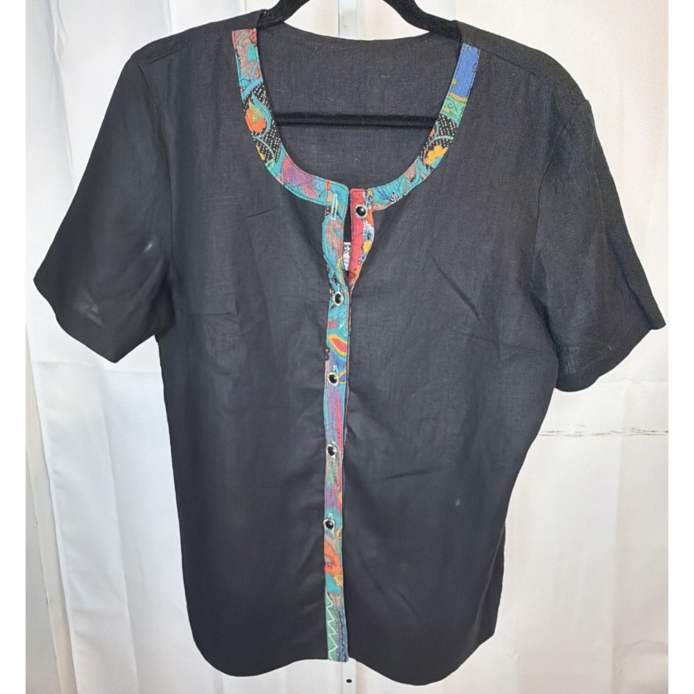 Vintage JOKY USA Women's Large Black 100% Linen Top Colorful Trim Button Front